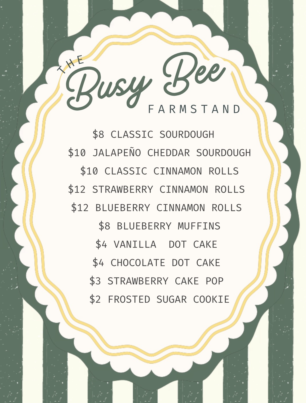 The Busy Bee Farmstand branded menu board